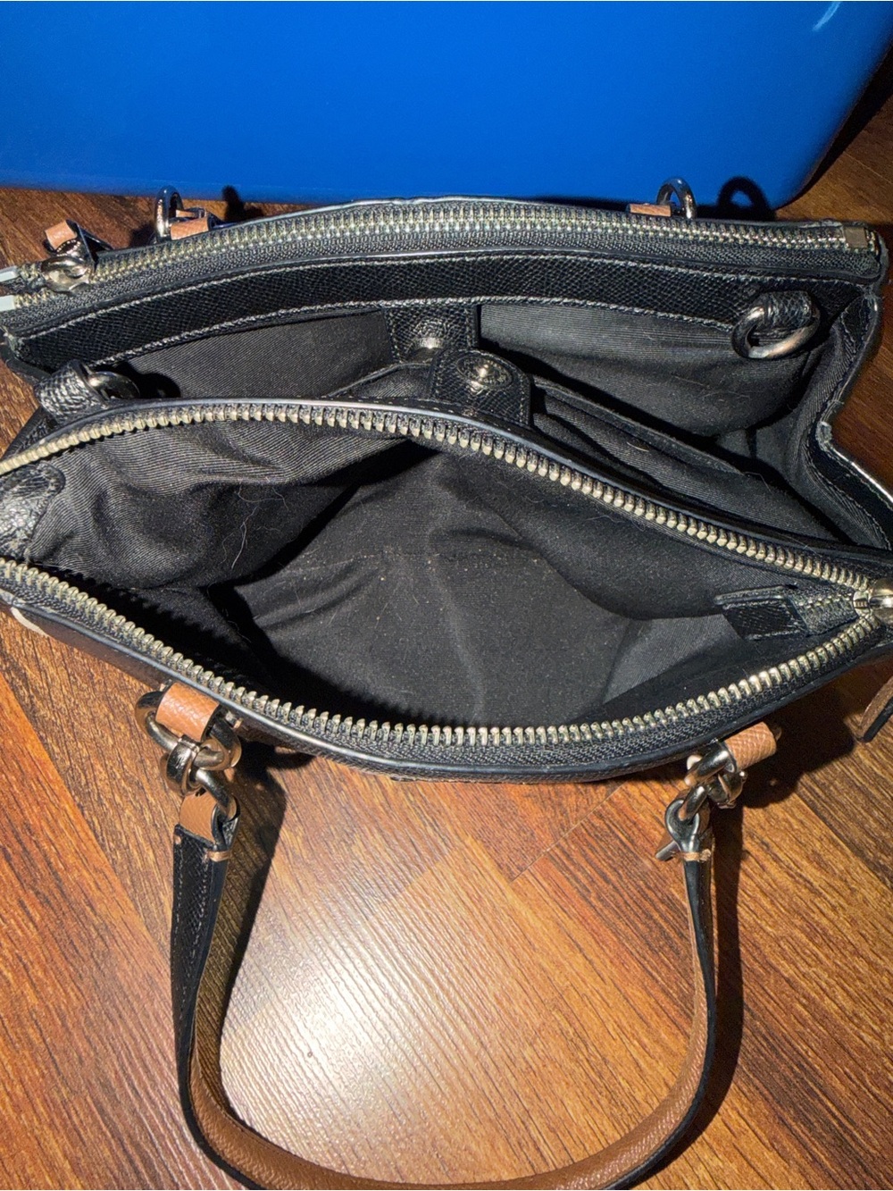 Coach Black Leather Satchel with Brown Handles and Cream Piping - Picture 7 of 8